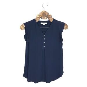 LOFT Top Chiffon V Neck Button Front Flutter Sleeve Blue Navy Blouse xs